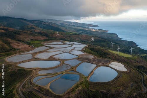 Obraz na płótnie Aerial view of terraced ponds and wind turbines on a hillside overlooking the ocean w salonie