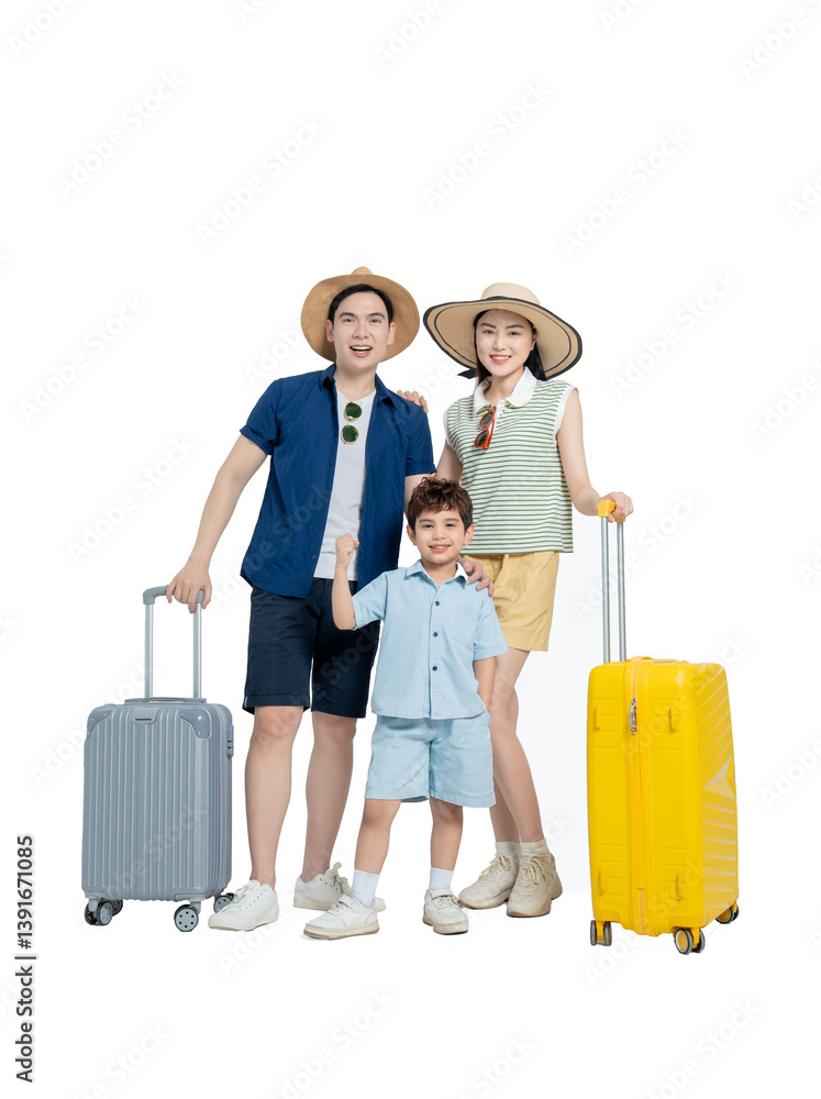 Full body photo of Asian family wearing travel clothes, travel suitcase posing, background removed Full body photo of Asian family wearing travel clothes, travel suitcase posing, background removed