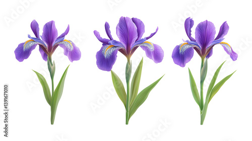 Pack of Iris set of Three Different Poses set Against Transparent Background for Floral Design, Garden Promotion, or Nature Projects