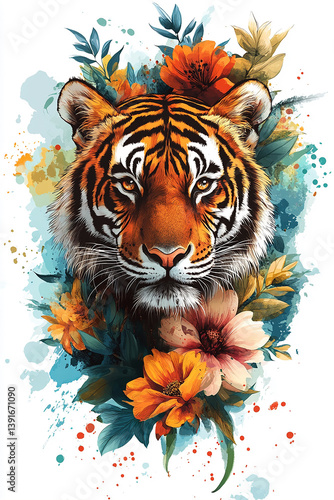 Tiger head surrounded by flowers vector illustration ai generated
