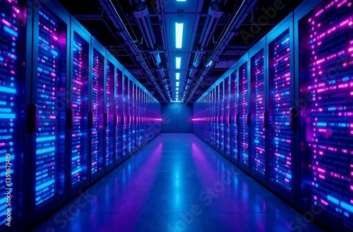 Vibrant data center with glowing server racks and blue lighting at night