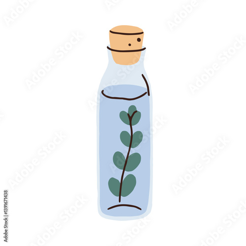 Water in glass bottle with cork. Infused drink with fresh leaf, herb, cold fl...