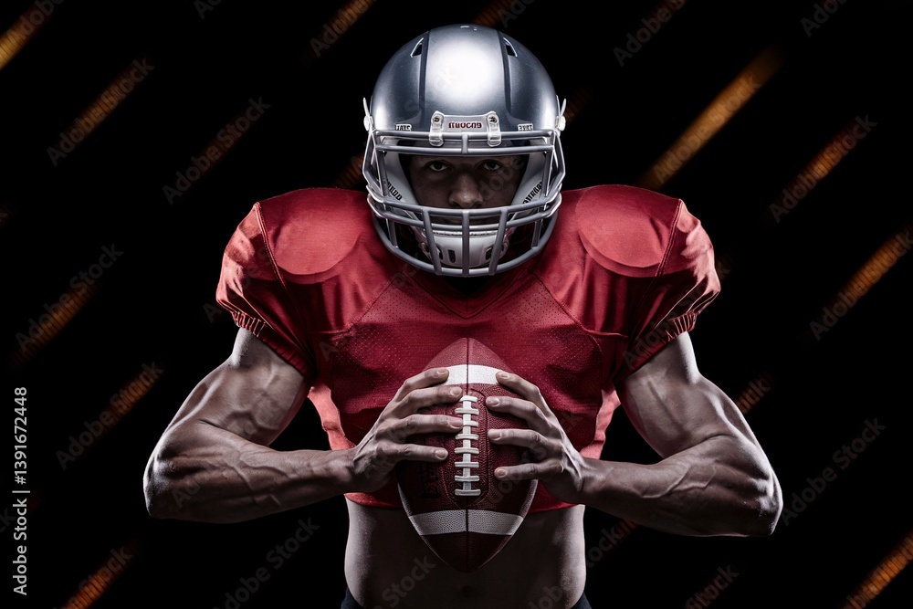 Football Player in Red Uniform Holding Ball, Ready for Action Football Player in Red Uniform Holding Ball, Ready for Action