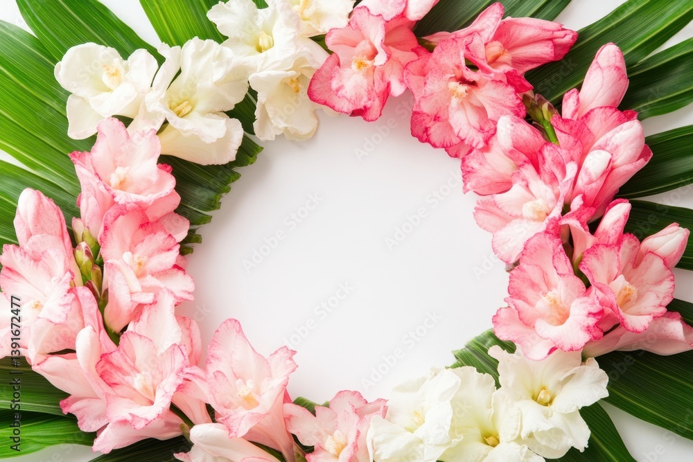 Floral wreath of pink and white gladioli on palm leaves