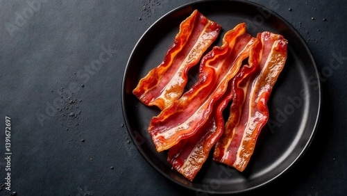 Delicious crispy bacon strips served on a black plate