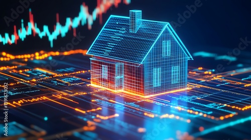 real estate trends and market analysis depicted by digital house on financial chart showing investment opportunities housing prices and economic growth