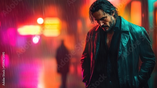 Dark cyberpunk detective in a trench coat under neon streetlights