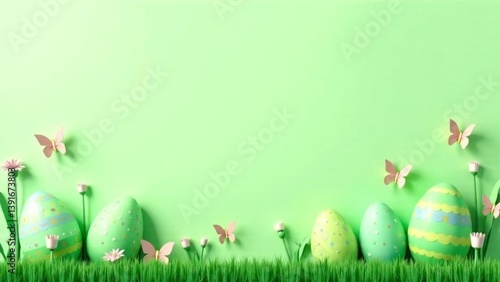 Colorful Easter eggs and butterflies decorate a vibrant green background with flowers in springtime celebration