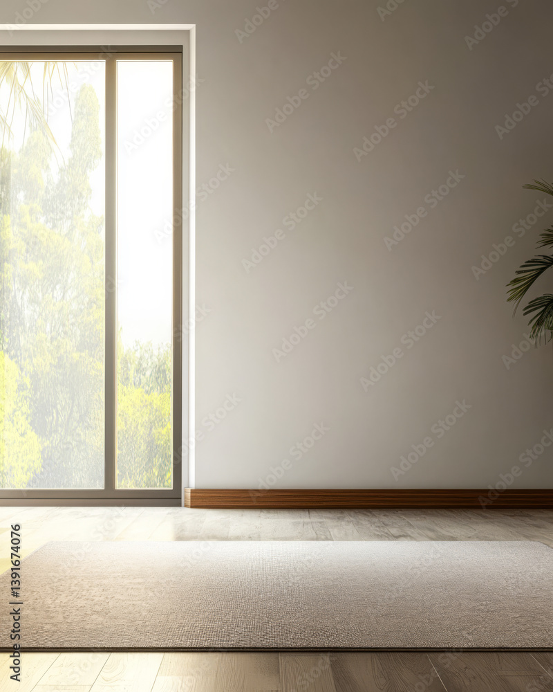 Bright and airy interior with large window and wooden flooring in a minimalist space Bright and airy interior with large window and wooden flooring in a minimalist space
