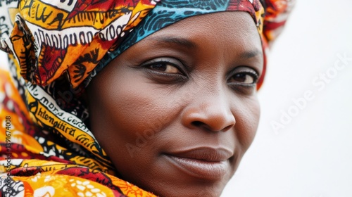 Portrait of an african mature female in colorful headscarf Mozambican National Women's Day