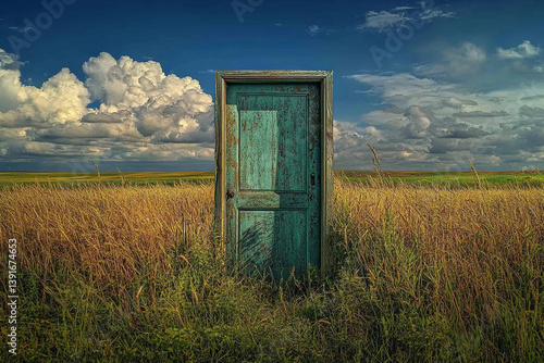 Mysterious door stands alone in a golden field under a dramatic sky