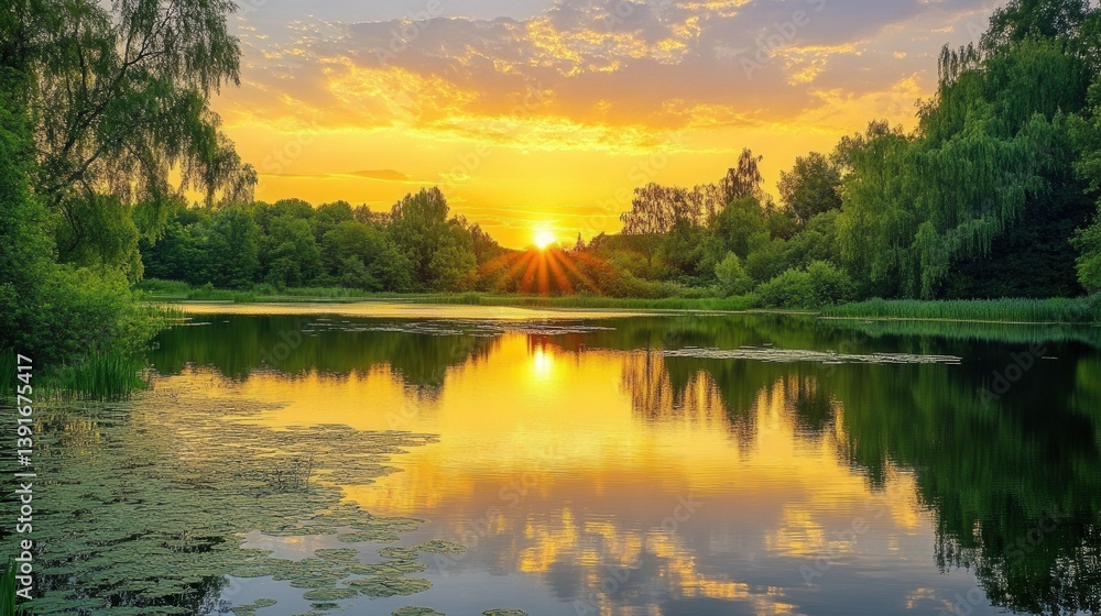 Fototapeta premium Serene sunset over tranquil lake. Lush green trees frame the golden light