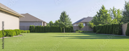 Wallpaper Mural Expansive green backyard with lush grass and trees in suburban neighborhood Torontodigital.ca