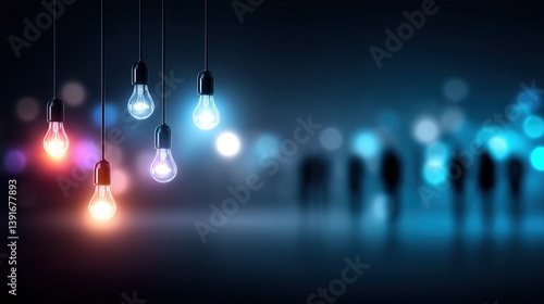 Hanging light bulbs glowing in a dark environment with silhouetted people, symbolizing ideas and innovation