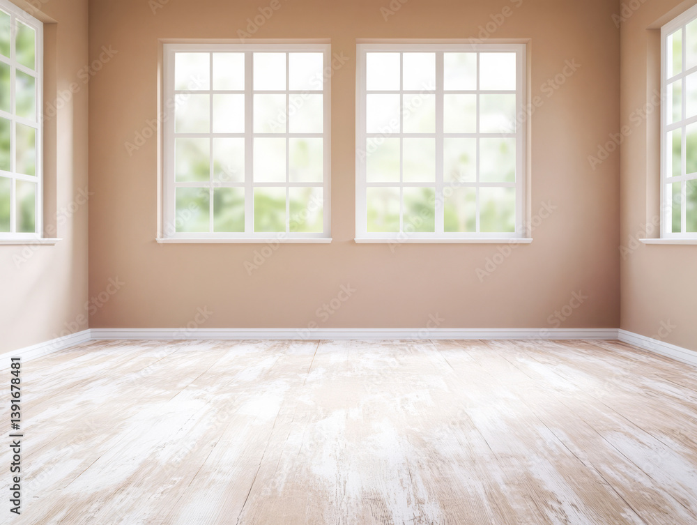 Fototapeta premium Bright and spacious empty room with large windows and natural light streaming in