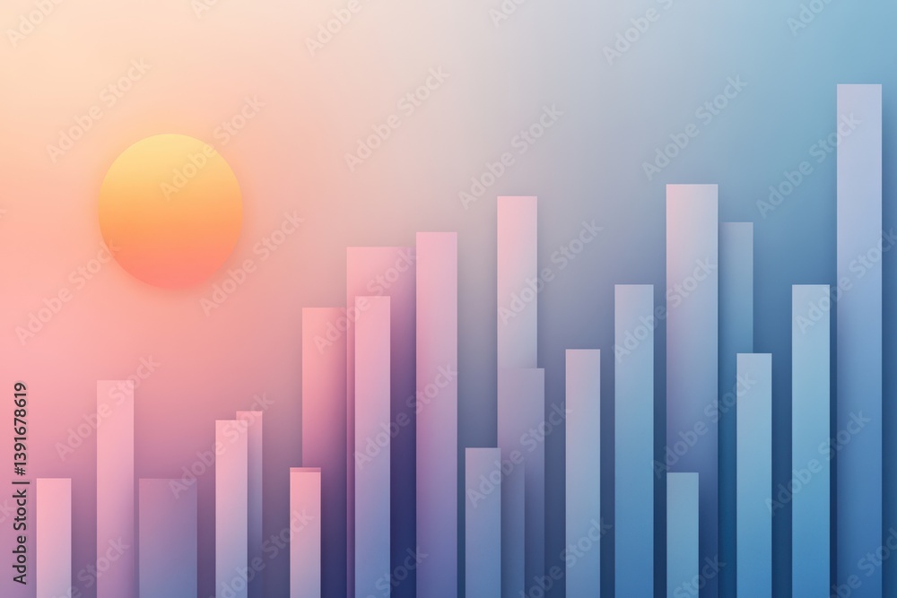Fototapeta premium Abstract financial graph with rising bars against a colorful sunset gradient background depicting growth and opportunity in the business world