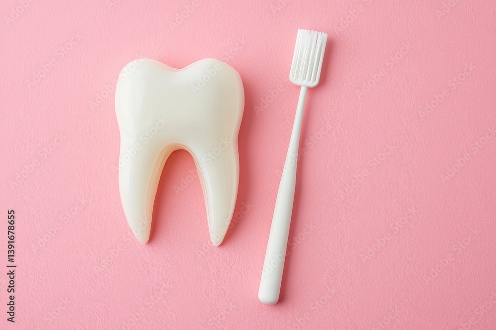 Tooth and Toothbrush on Pink Background Promoting Dental Care Concept Tooth and Toothbrush on Pink Background Promoting Dental Care Concept