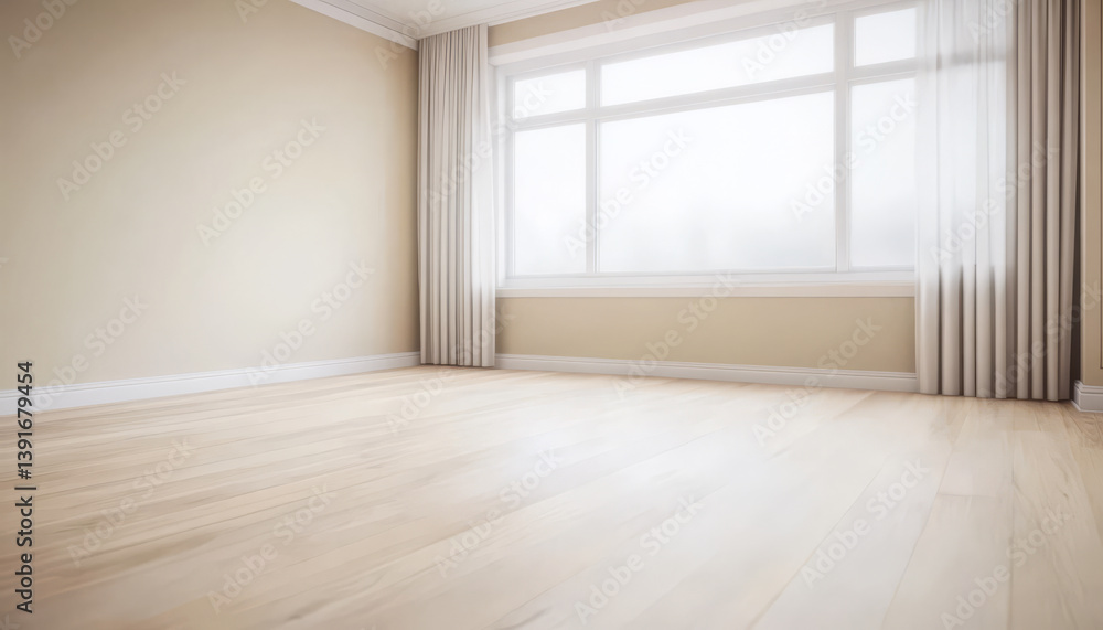 Fototapeta premium Bright and spacious empty room with large window and wooden floor in modern design