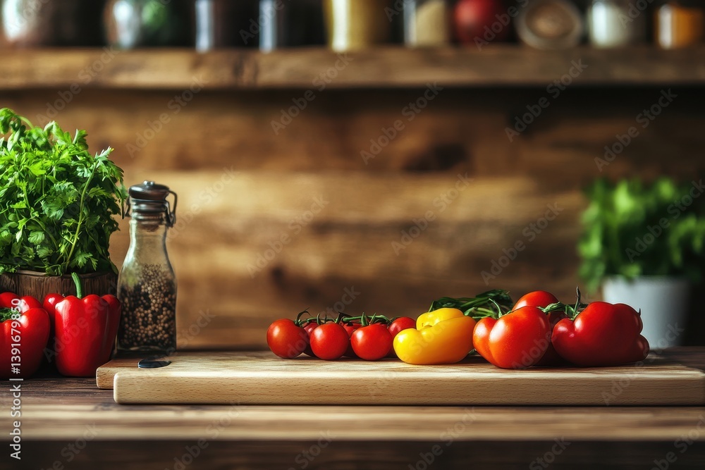 Fresh produce on wooden countertop in kitchen Fresh produce on wooden countertop in kitchen