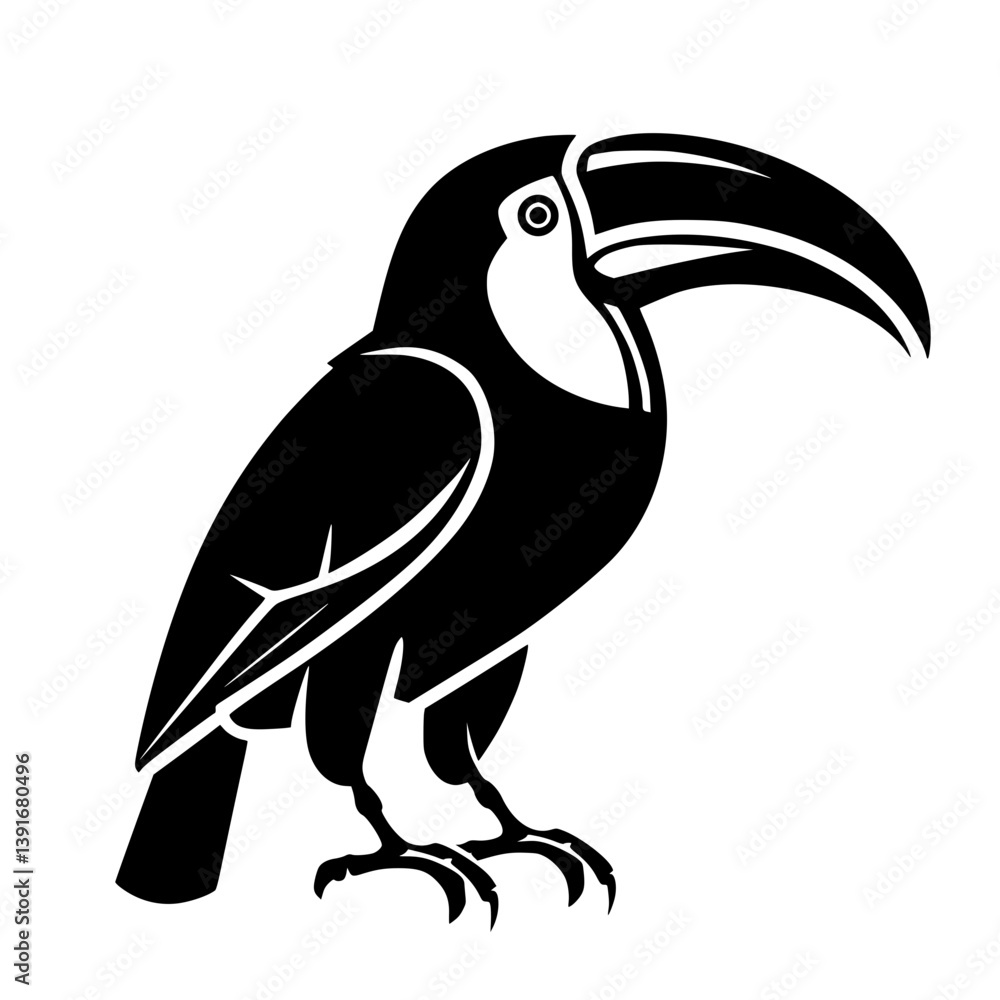 Obraz premium Stylized toucan bird vector illustration, Black and white vector illustration of a toucan with a large curved beak, designed in a bold and graphic style.