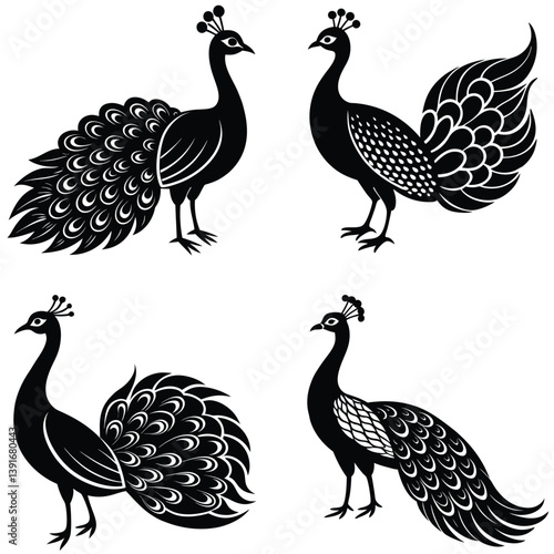 Peacock Vector Silhouetted Bundle Set Collection.