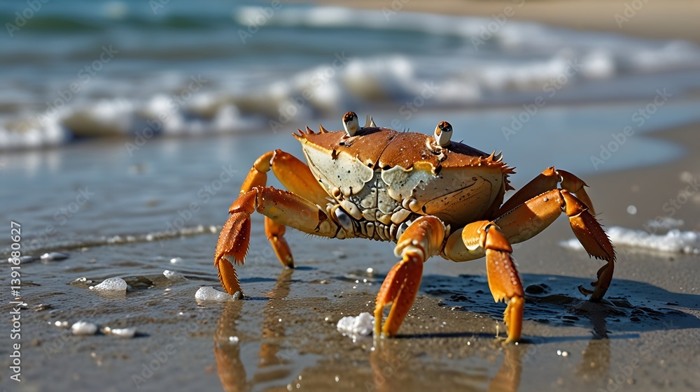 Ghost Crab on Sandy Beach with Rolling Sea Waves in Coastal Shoreline Scene Ghost Crab on Sandy Beach with Rolling Sea Waves in Coastal Shoreline Scene