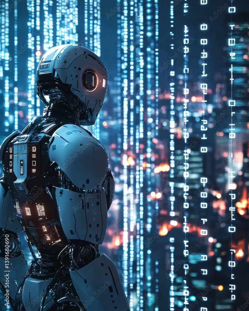 A robot stands in front of glowing data streams, surrounded by digital code and a futuristic cityscape A robot stands in front of glowing data streams, surrounded by digital code and a futuristic cityscape