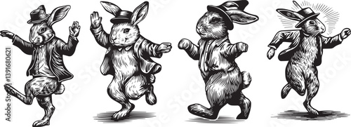 Dancing Bunny Set, A quartet of whimsical bunnies, adorned in stylish attire, joyfully dance in a line. It is a charming artistic depiction, capturing the essence of fun and celebration.