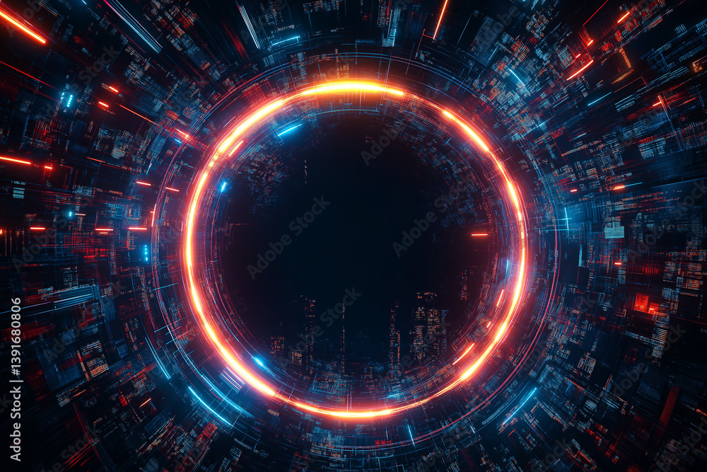 Fototapeta premium Glowing Digital Circle Frame with Copyspace in Futuristic Cyber Network