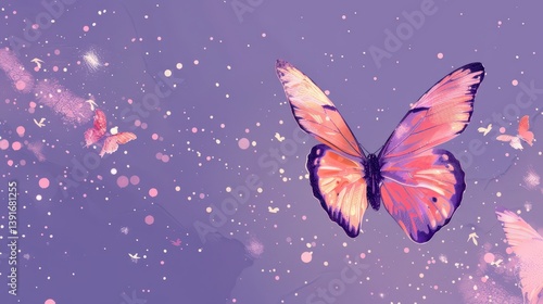 Butterfly on a purple background. World Lupus Day. Horizontal banner. Copy space. autoimmune disease and immune system disorders concept
