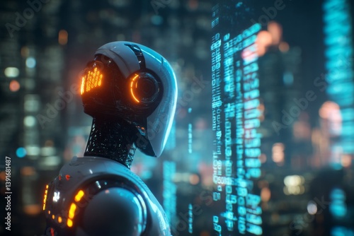 A robot stands in front of glowing data streams, surrounded by digital code and a futuristic cityscape
