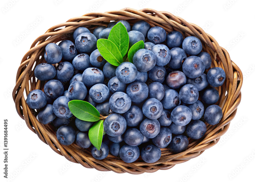A wicker basket brimming with fresh blueberries and vibrant green leaves A wicker basket brimming with fresh blueberries and vibrant green leaves