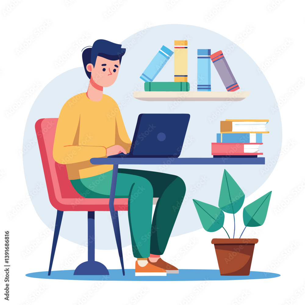 a boy is using his laptop vector a boy is using his laptop vector