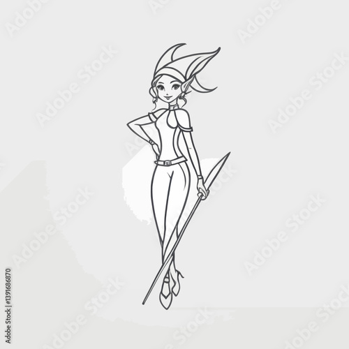 Elegant Elf Woman Character Design Line Art Illustration
