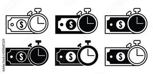 Money Time Icons Black and White Stopwatch and Dollar Bill Illustrations Vector Design