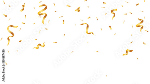 Festive gold confetti decoration. Falling confetti celebration element. Shiny ribbon on white background. Vector illustration