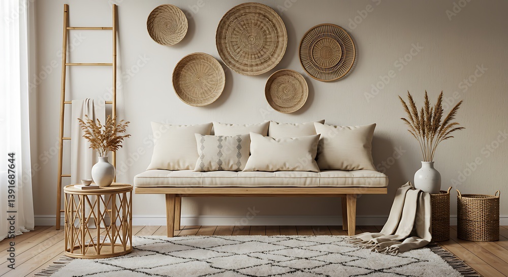 A serene bohemian living room featuring a light wood bench, woven wall decor, and dried pampas grass in a minimalist neutral palette with soft lighting. A serene bohemian living room featuring a light wood bench, woven wall decor, and dried pampas grass in a minimalist neutral palette with soft lighting.