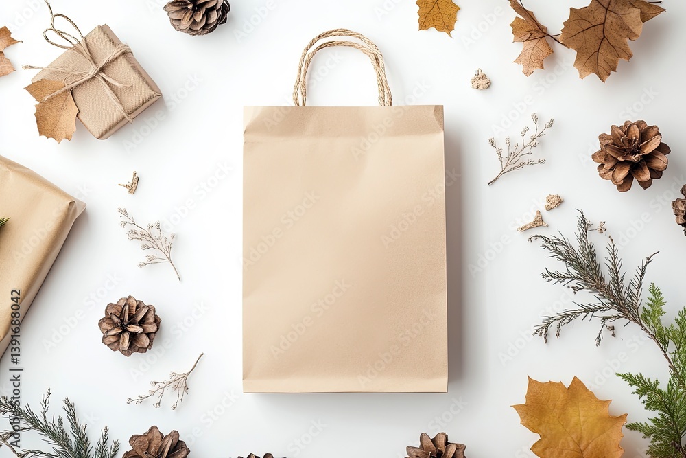 Fototapeta premium Brown Paper Shopping Bag with Gifts and Autumn Decorations Flat Lay