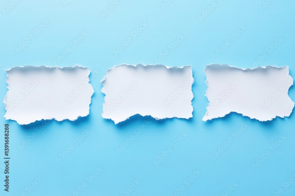Three ripped pieces of white paper on a light-blue background