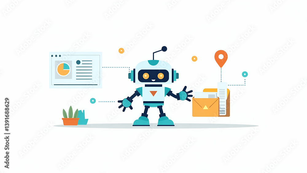 Flat Modern Illustration of E-commerce Automation: Robotic Order Fulfillment, Automated Inventory Management & Secure Digital Payments for Online Retail Efficiency Flat Modern Illustration of E-commerce Automation: Robotic Order Fulfillment, Automated Inventory Management & Secure Digital Payments for Online Retail Efficiency