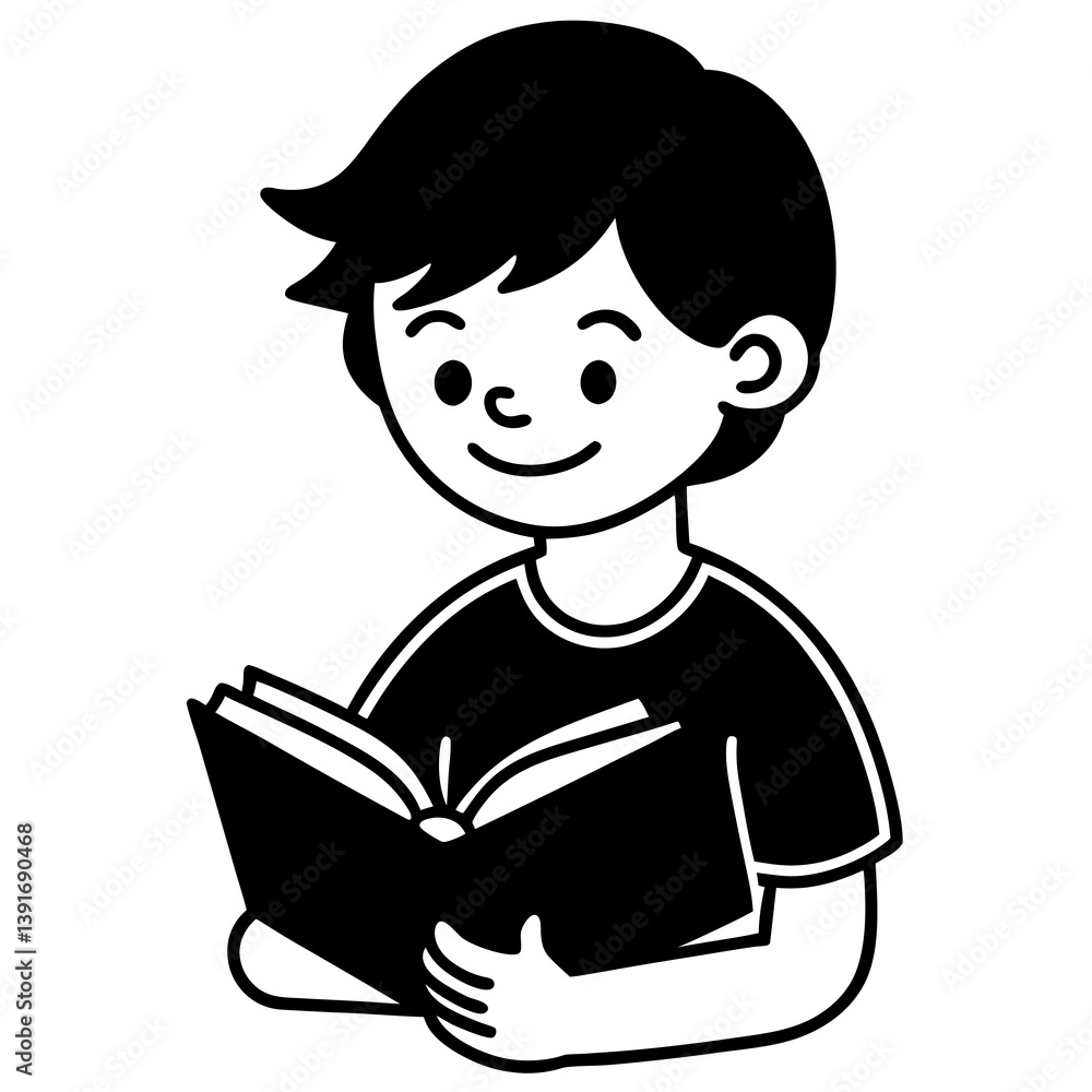 Boy Reading Book Vector | Line Art Generative AI Illustration | Printable Graphic Design Boy Reading Book Vector | Line Art Generative AI Illustration | Printable Graphic Design