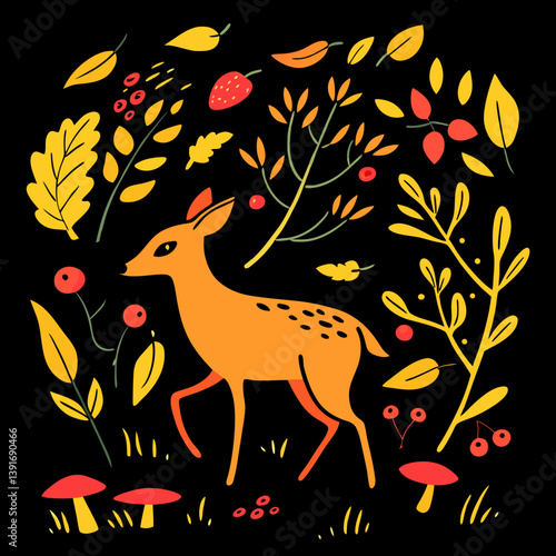 Watercolor illustration of a forest roe deer in autumn nature with colorful leaves, berries, mushrooms, and rose hips on a black background.