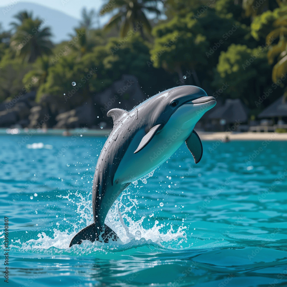 Naklejka premium Bottlenose Dolphin Leaping from Turquoise Water - Frozen Action Marine Shot
