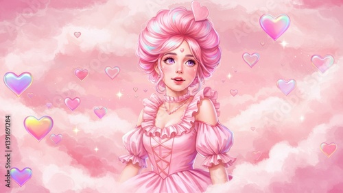A dreamy illustration of a girl surrounded by pink clouds and hearts.