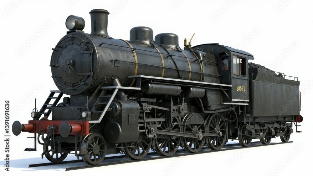 Naklejka premium A vintage black steam engine train isolated on a white background.