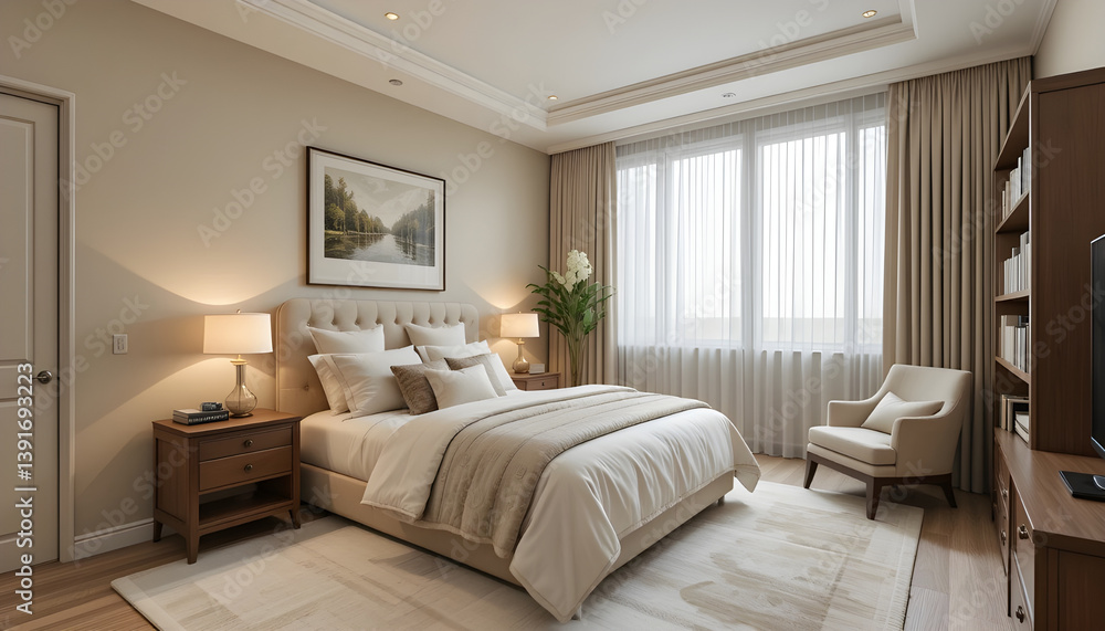 Fototapeta premium Bedroom Interior Design with Comfortable Bed Neutral Tones and Natural Light
