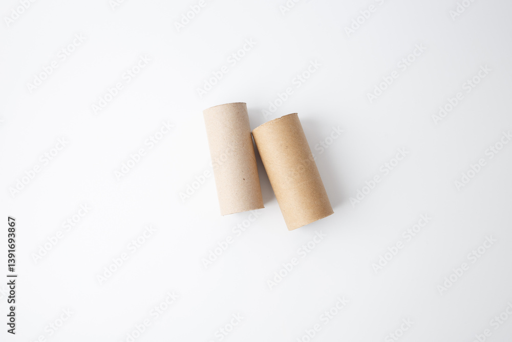 two empty cardboard tube, recycled toilet paper rolls for use in craft project, top down view on white background, step in creative process two empty cardboard tube, recycled toilet paper rolls for use in craft project, top down view on white background, step in creative process