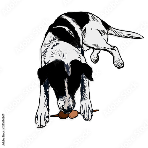 Hand-Drawn outlines of a puppy Black and white dog in various a resting pose, render in a doodle-style line art