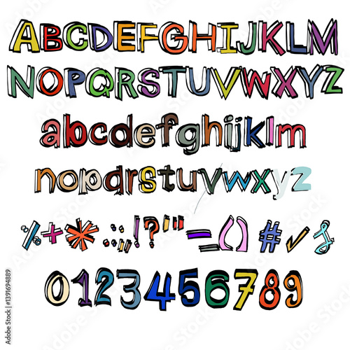  ABC alphabet fonts  with character and number 0-9  handwriting colorful   transparent background	