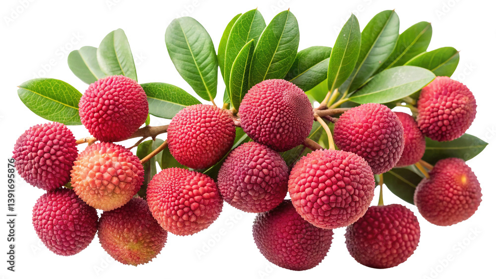 A bunch of fresh lychees on the branch with green leaves isolated on Transprent background A bunch of fresh lychees on the branch with green leaves isolated on Transprent background